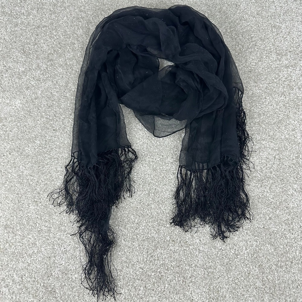 Black Sheer Glitter‎ Fringe Shawl Wrap Evening Scarf Lightweight Shimmer Trim